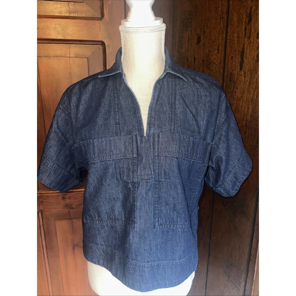 LOFT‎ Denim Crop Jean Top  Women's Petite XSP Casual Pockets 100% Cotton